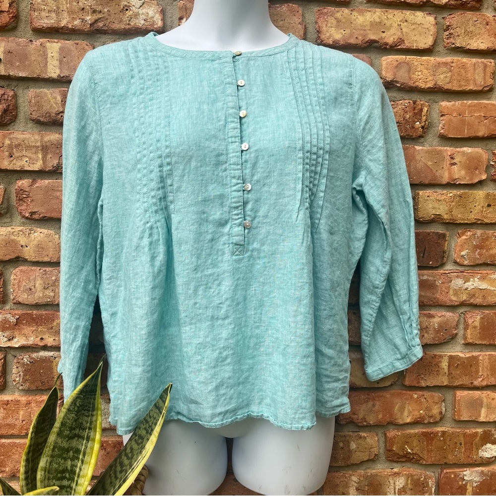 SIGRID OLSEN LIGHT GREEN 100% LINEN LONG SLEEVE PLEATED BLOUSE